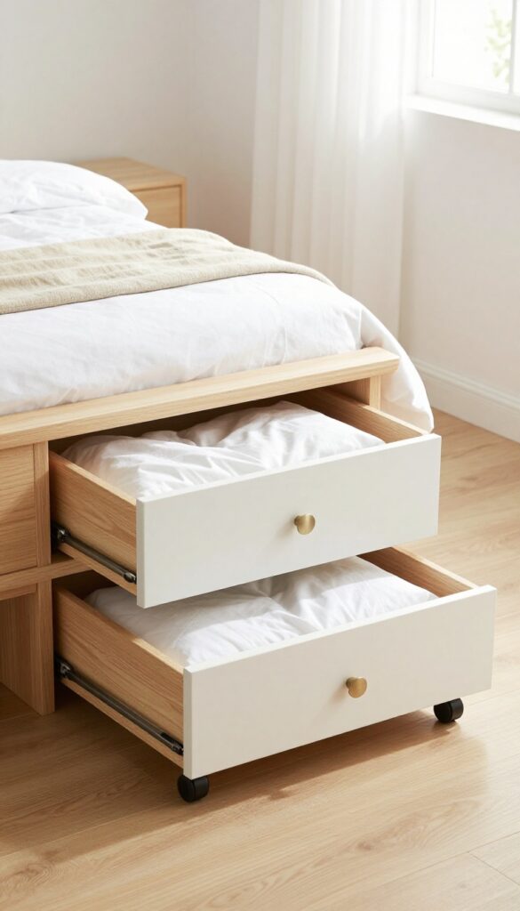 Under-bed storage drawers on casters in a small bedroom