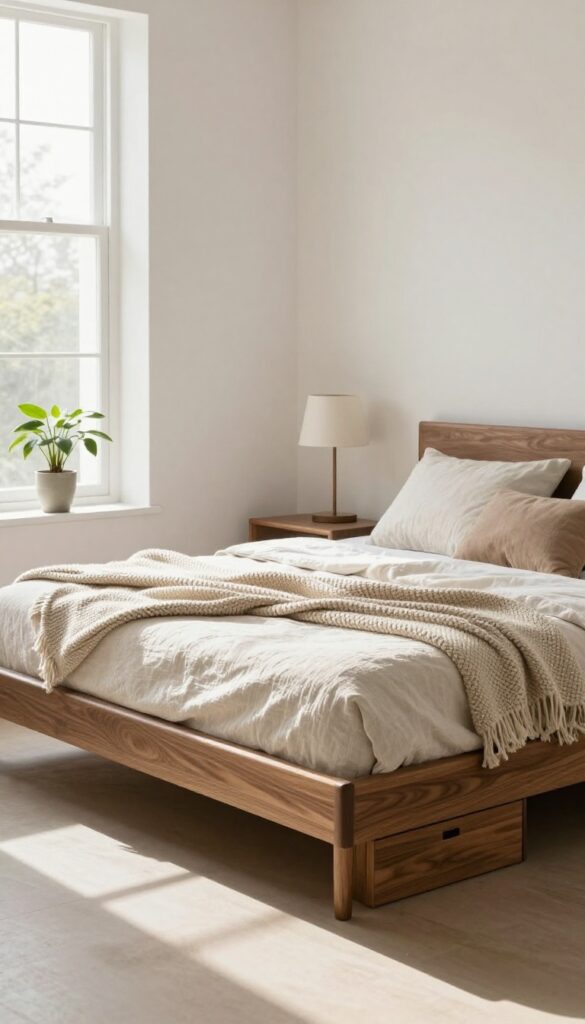 Low-profile platform bed with under-bed drawers in a small men's bedroom
