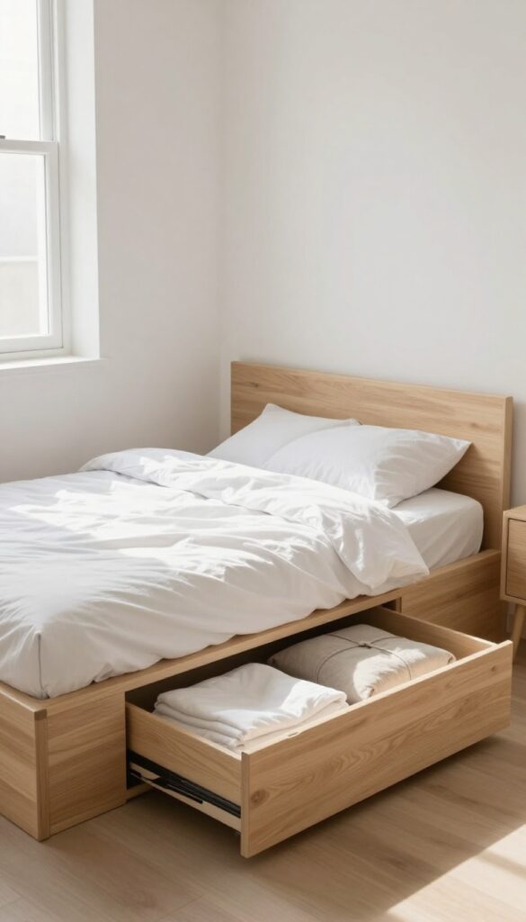 Platform bed with built-in drawers in a small, airy bedroom