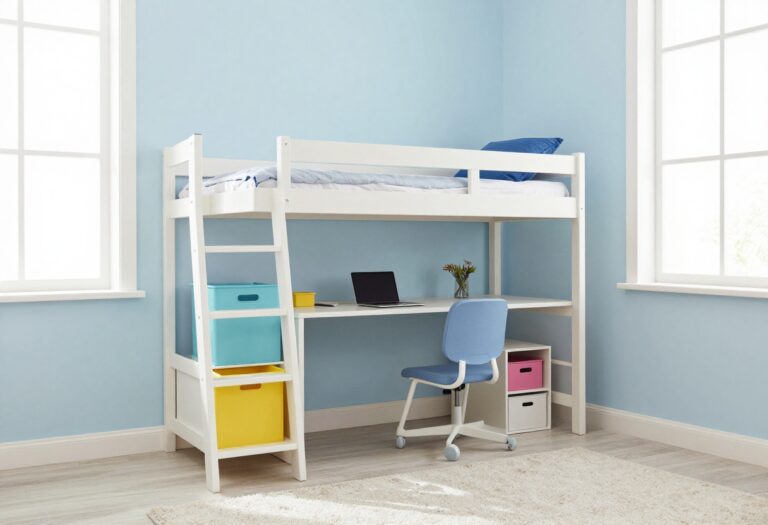 Small boy's bedroom with loft bed and desk underneath, light blue walls, and colorful storage bins.