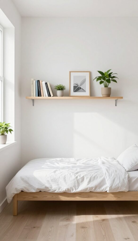 Floating shelves above a bed in a small bedroom with books, a plant, and a photo frame.