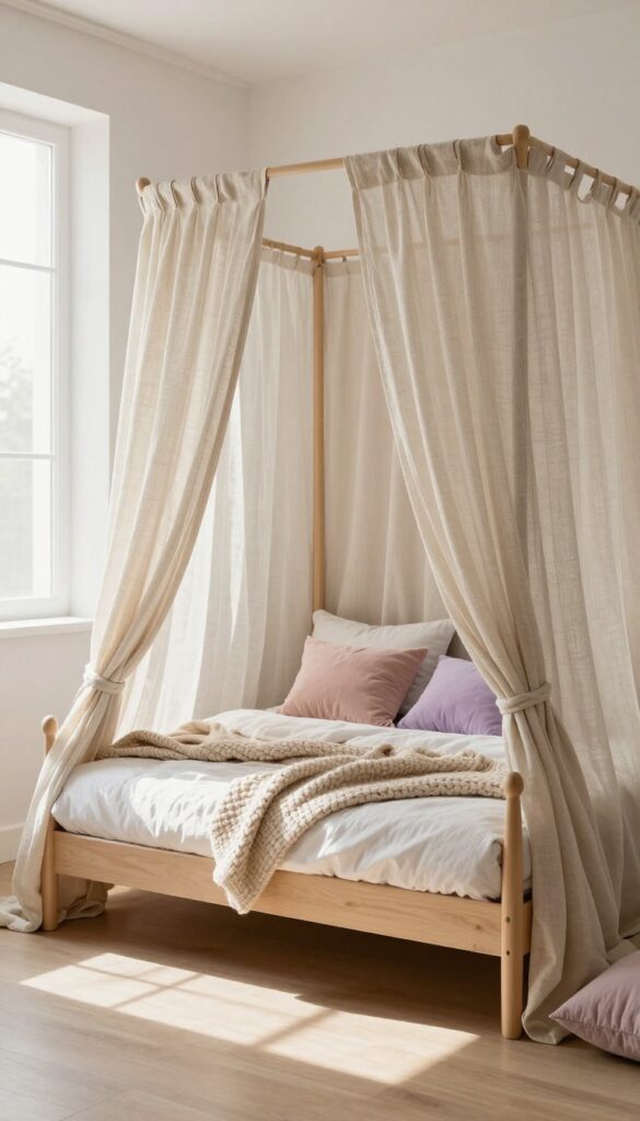 A children's bedroom with a canopy bed draped in sheer linen curtains, soft neutral tones, and cozy bedding.