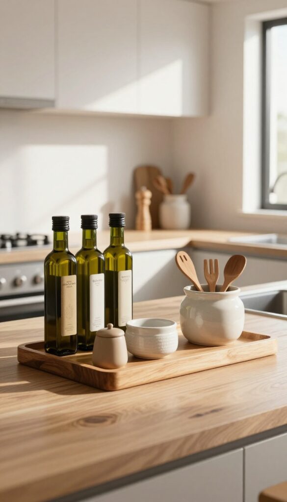 Styling open countertops with a wooden tray and ceramic jars for a cozy, organized kitchen look.