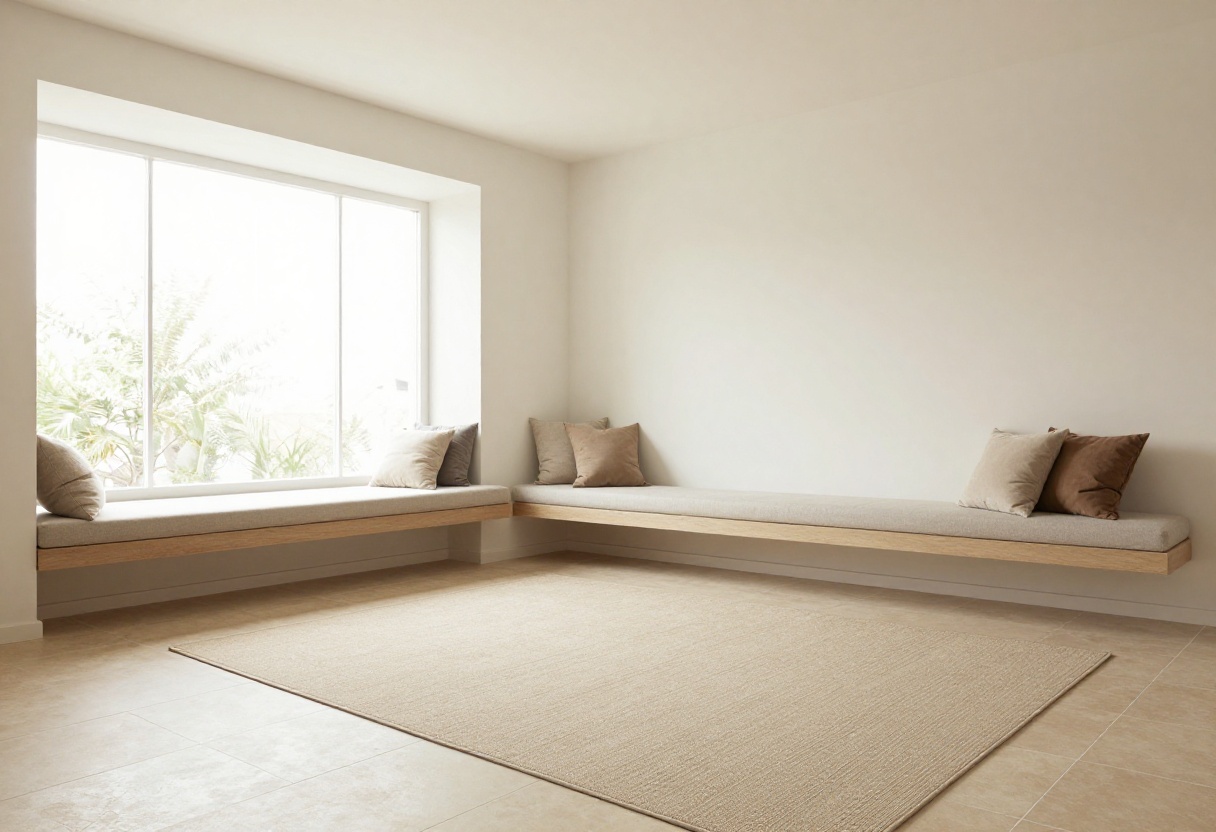 Cozy living room with large-format beige porcelain tiles, a built-in storage bench, and a soft rug.