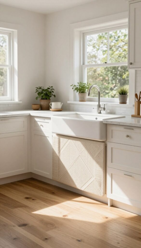 Soft neutral kitchen mat in front of sink in bright modern kitchen