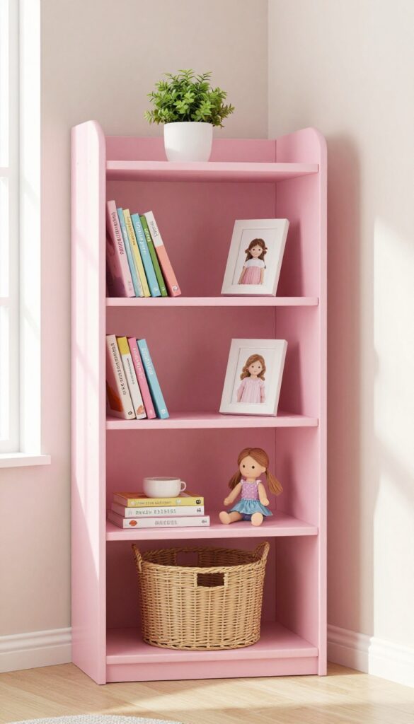 Corner bookshelf with display space in a small girl's bedroom