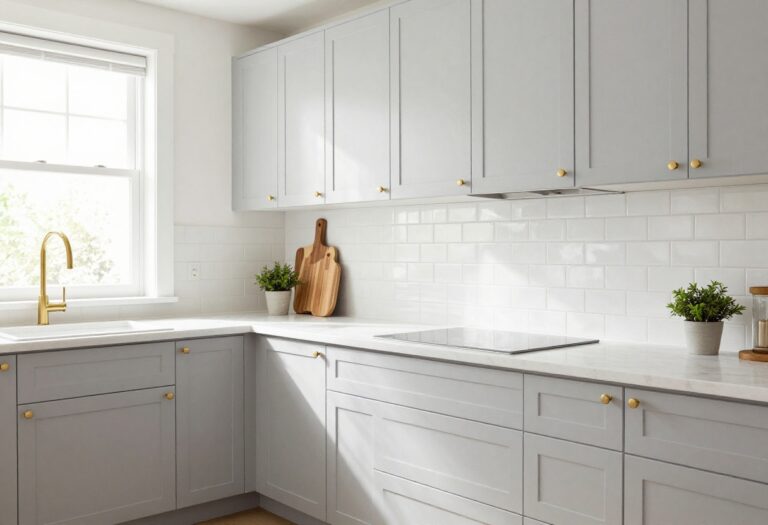 Light grey kitchen with white marble countertops and brass hardware, bright and airy