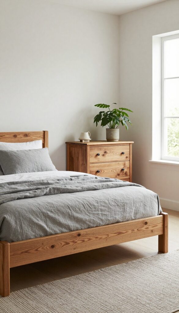 Grey bedroom with natural wood bed frame and dresser, warm and inviting atmosphere