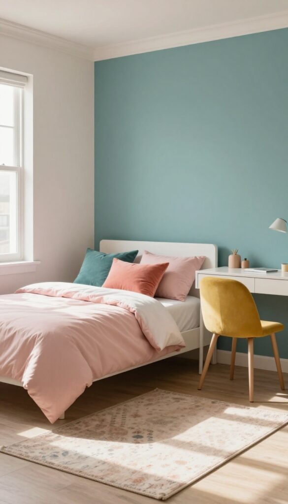 Teen girl bedroom with soft neutral palette and bold teal accent wall, mustard chair, and blush bedding.