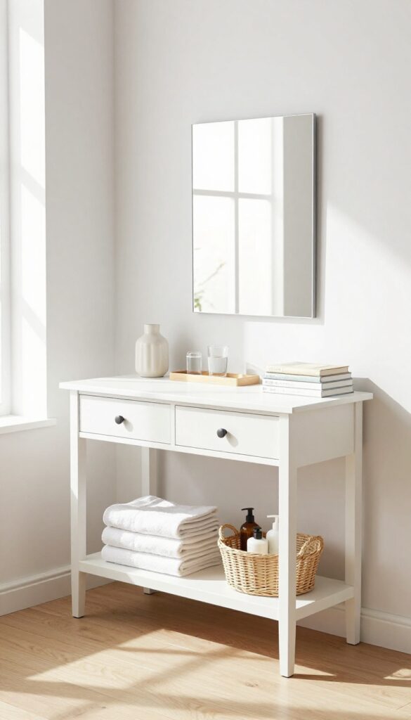 Slim console desk doubling as a dresser in a light and airy guest bedroom office