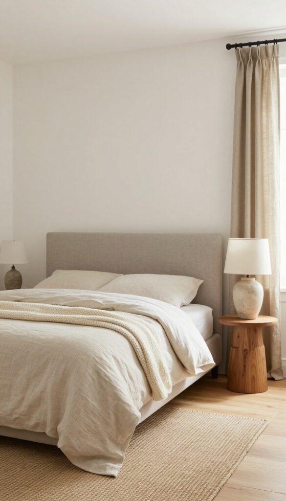 Warm neutral guest bedroom with cream throw, jute rug, and linen curtains