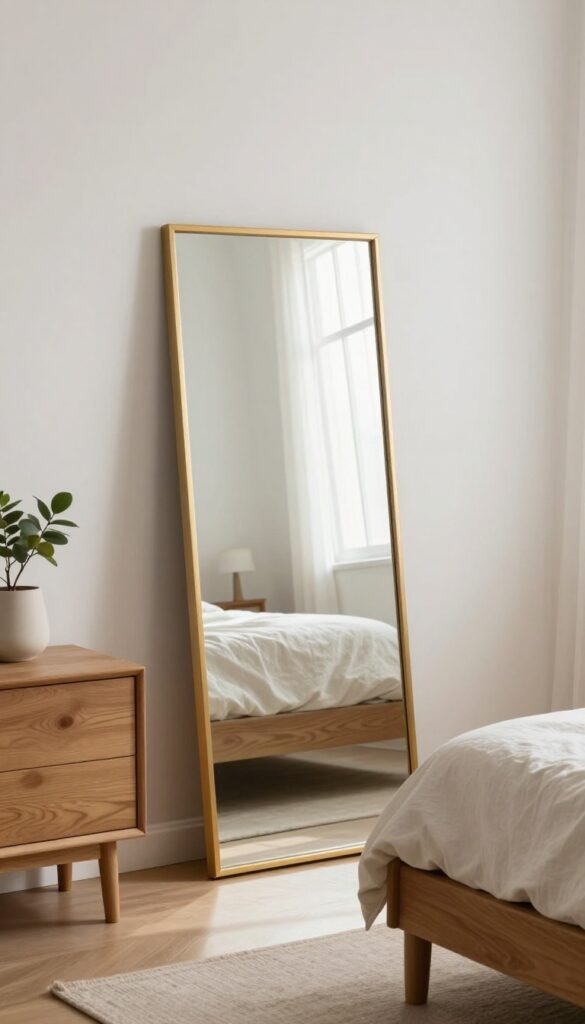 A small bedroom with a large brass-framed mirror leaning against the wall, reflecting light and making the space feel open and cozy.