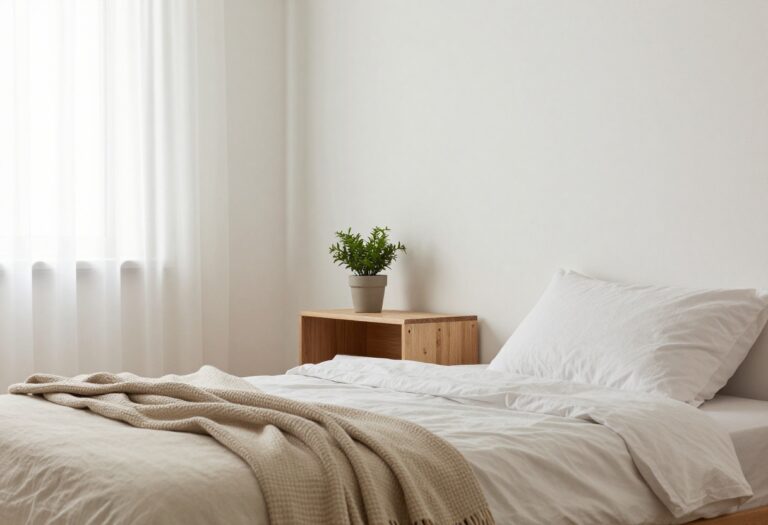 Cozy small bedroom with low bed, floating shelf, and warm lighting