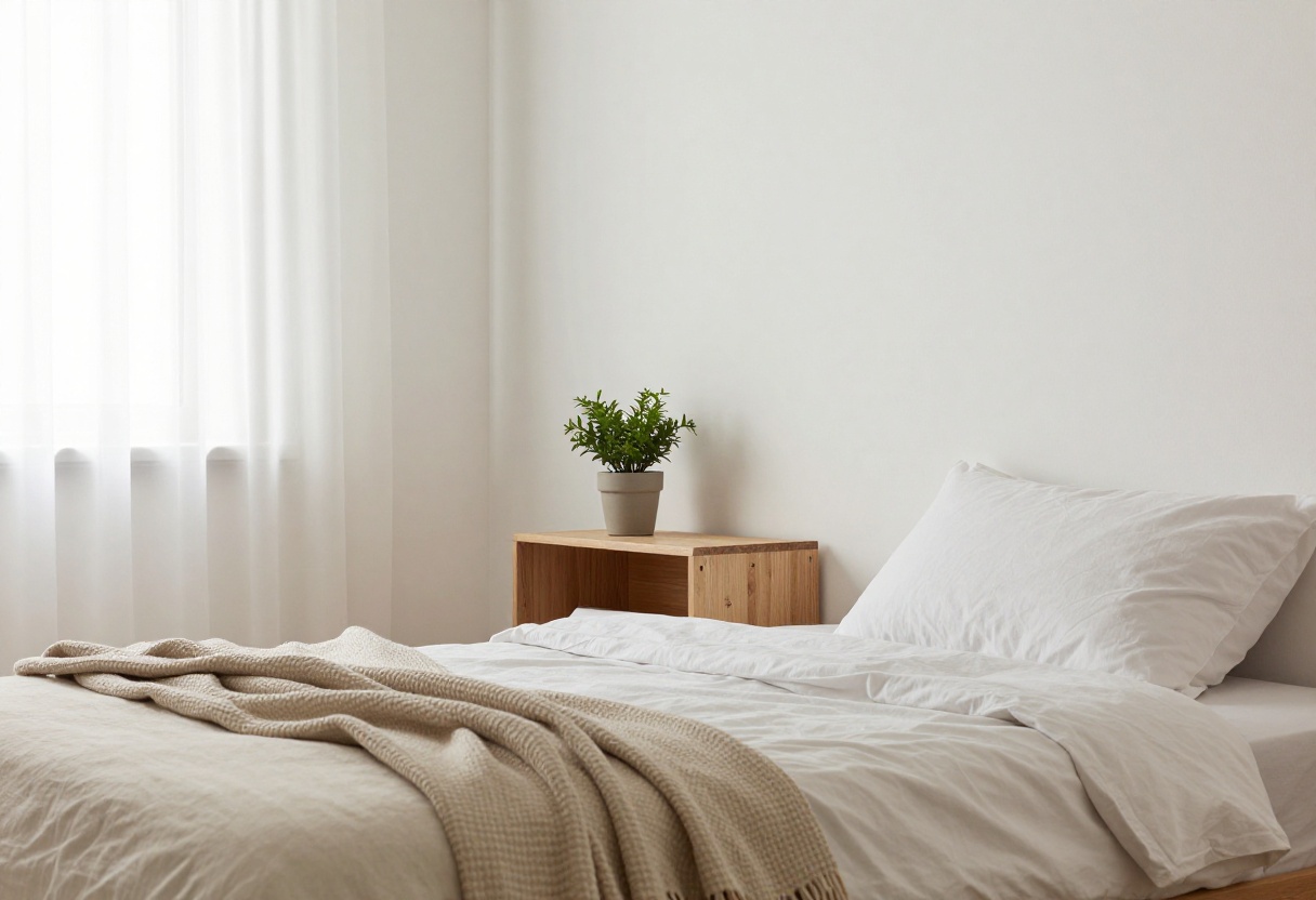 Cozy small bedroom with low bed, floating shelf, and warm lighting