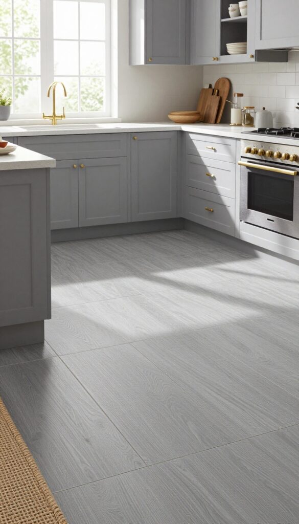 Light grey kitchen with textured porcelain floor tiles, pale grey cabinets, brass hardware, and a jute runner, in natural light.