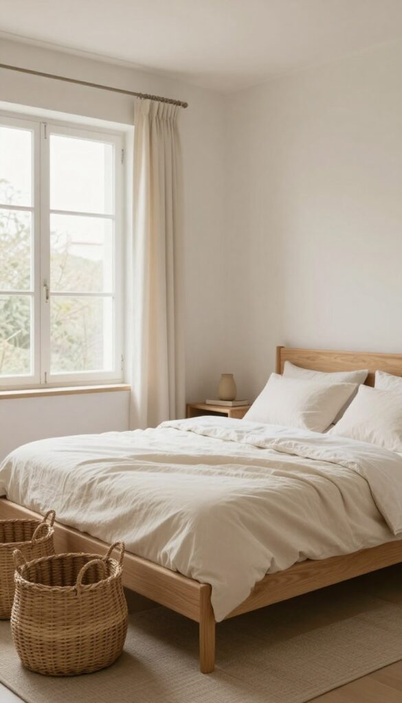 Small guest bedroom with under-bed storage baskets in natural woven materials, soft bedding, and calm decor.