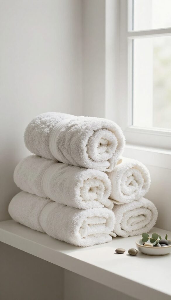 Plush rolled towels in neutral shades on a shelf with eucalyptus and pebbles in a bright guest bathroom.