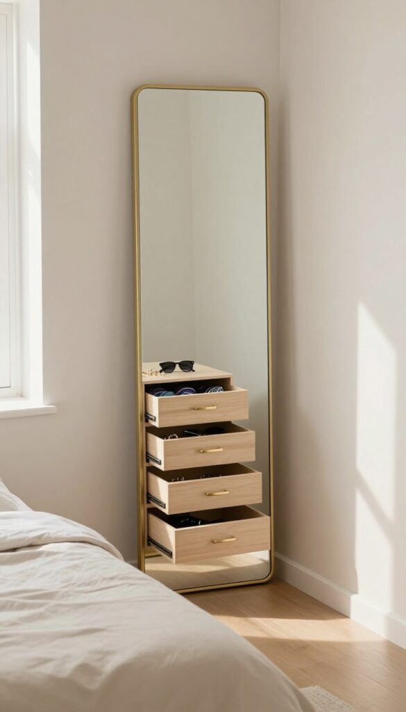 Full-length mirror with hidden pull-out drawers for jewelry and accessories in a small bedroom