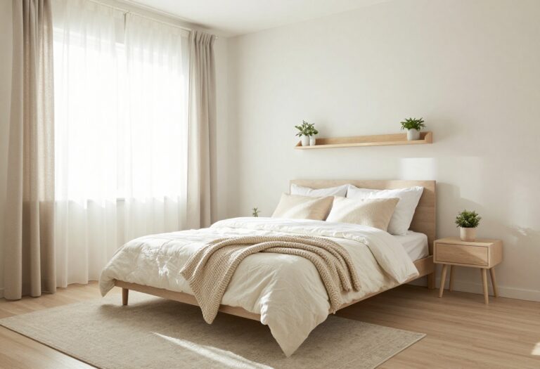 Small bedroom with calm colors and layered bedding, featuring a low bed, sheer curtains, and a light rug.