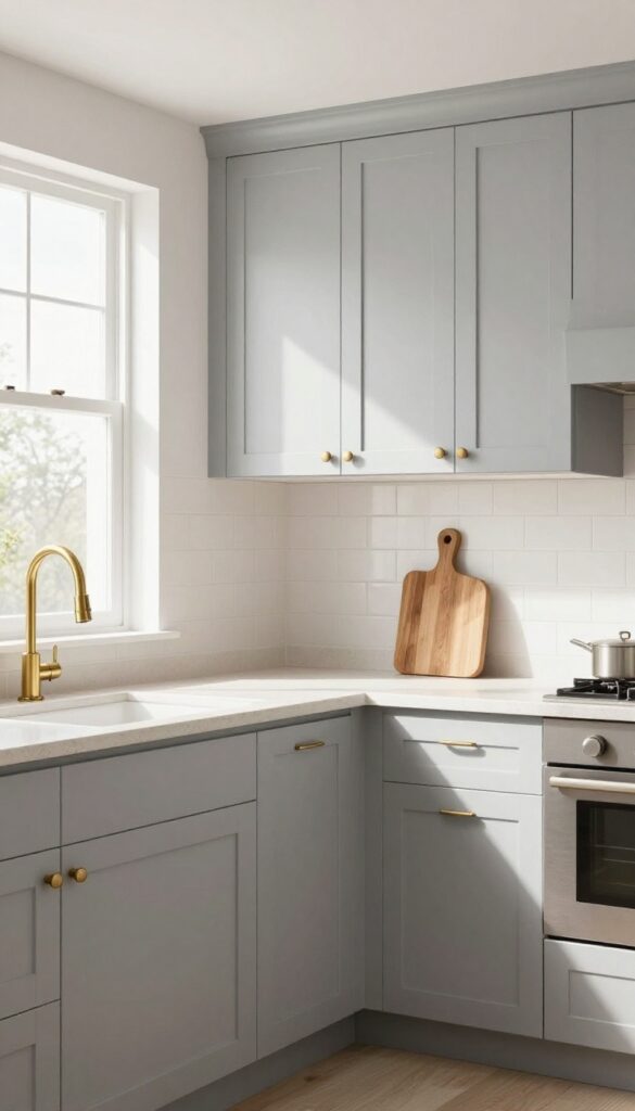 A bright kitchen with light grey cabinets and warm beige limestone countertops, featuring brass hardware and natural light.