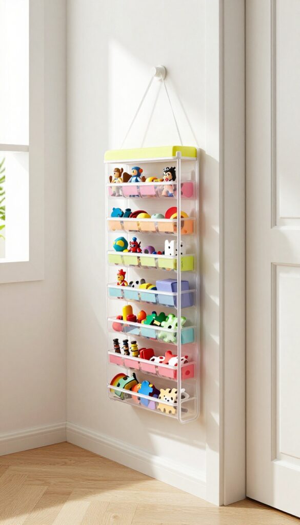 Over-the-door shoe organizer used as a toy storage solution in a kids bedroom, with clear pockets filled with small toys and art supplies.