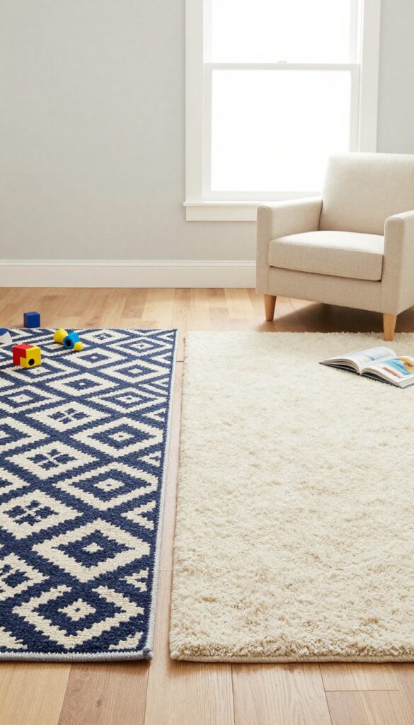 Two rugs in a shared girls bedroom: a flatweave play zone and a shag relaxation zone, with toys and books.
