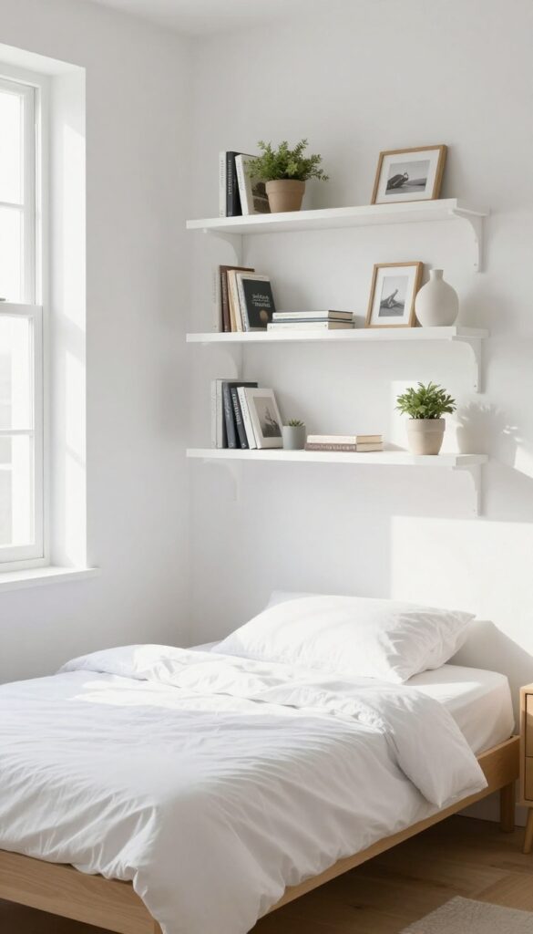 Small bedroom with floating white shelves above the bed, holding books, a plant, and decor, creating vertical storage and an open feel.