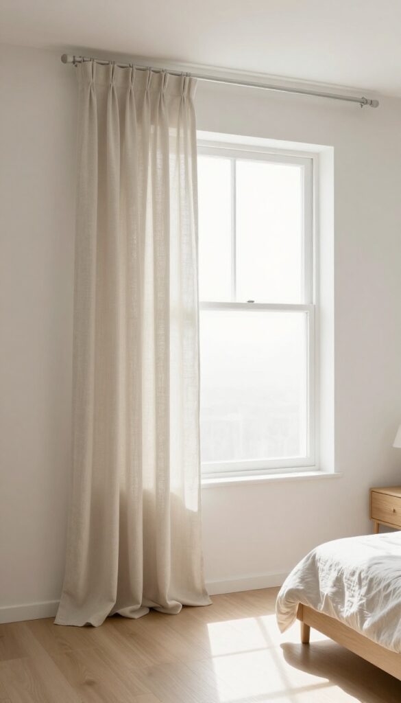 Small bedroom with curtains hung high and wide to make the room feel taller and more spacious, featuring floor-length sheer panels and natural light.