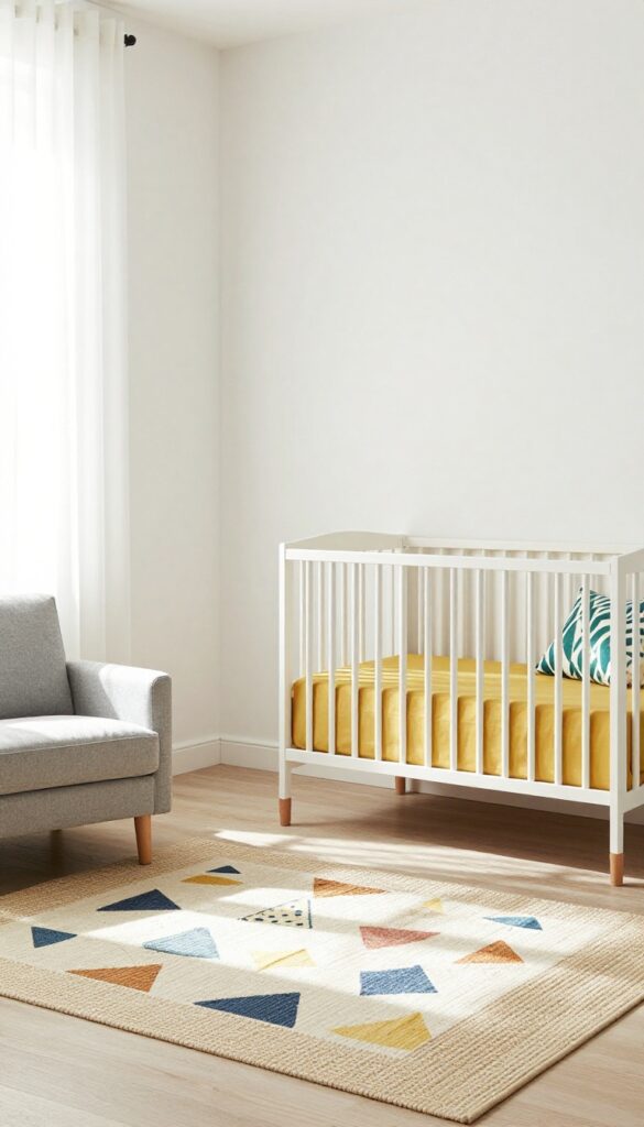 Neutral nursery guest room with white crib, twin bed, and colorful accessories like mustard yellow crib sheet and patterned throw pillow.