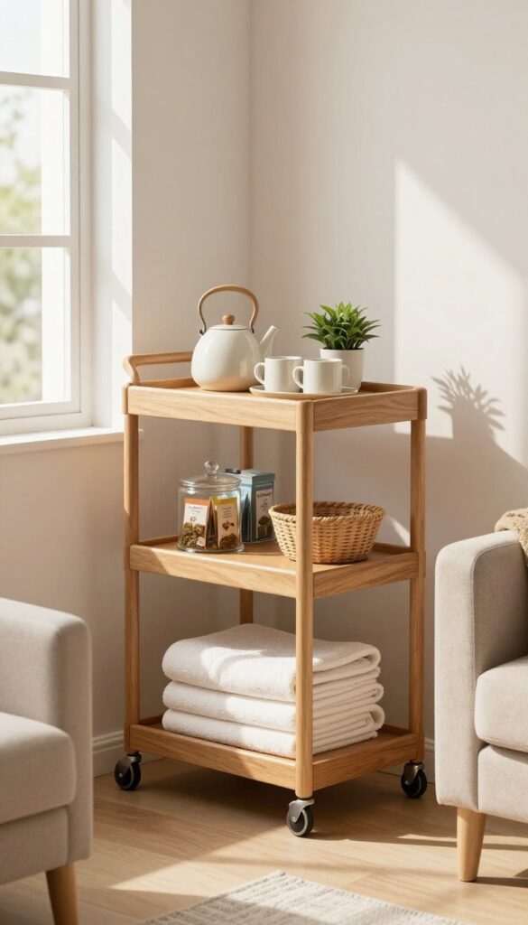 Warm wooden rolling cart styled as a mobile bar with kettle, mugs, tea, and towels in a bright guest room corner