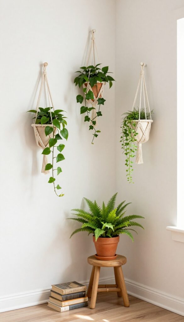 Hanging plant corner with macrame planters in a bright bedroom