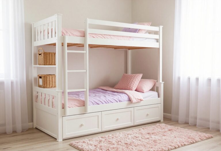 Cozy small girls bedroom with bunk bed and storage details