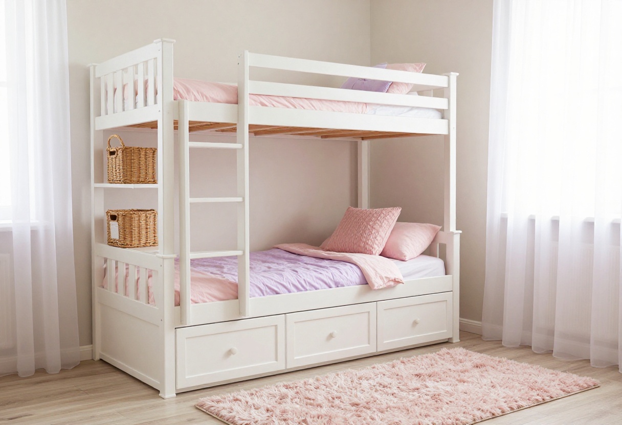Cozy small girls bedroom with bunk bed and storage details