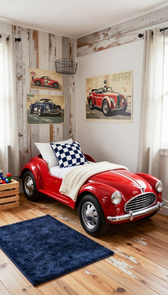 Cozy boys bedroom with vintage race car garage theme, featuring a red roadster bed, checkered pillow, and racing posters in muted colors.