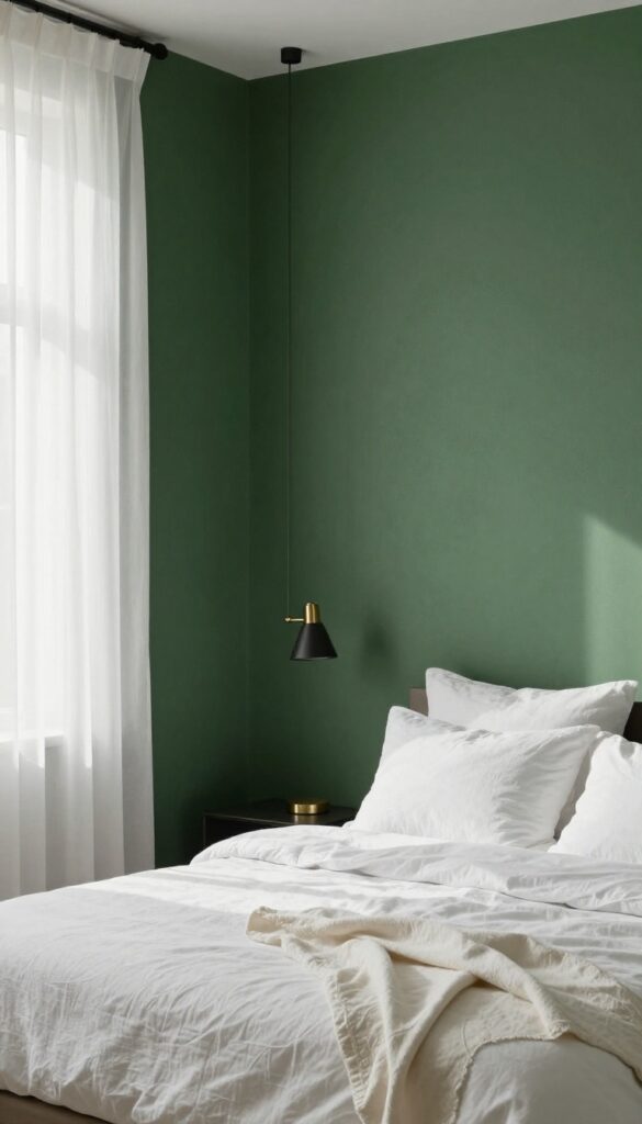 Bedroom with deep sage green accent wall, white bedding, and natural light