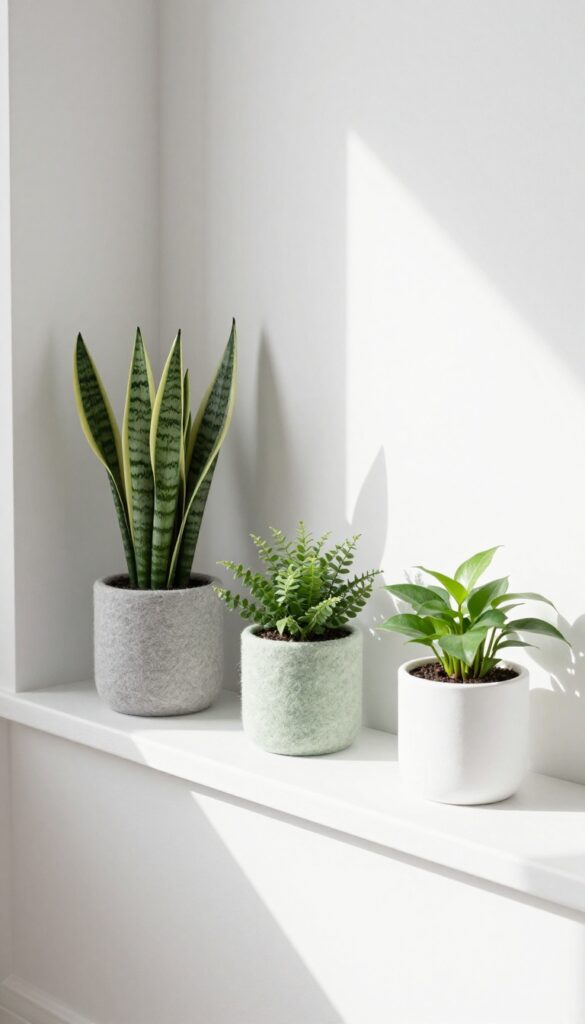Potted plants on wool blocks in Minecraft colors on a sunny windowsill in a child's bedroom