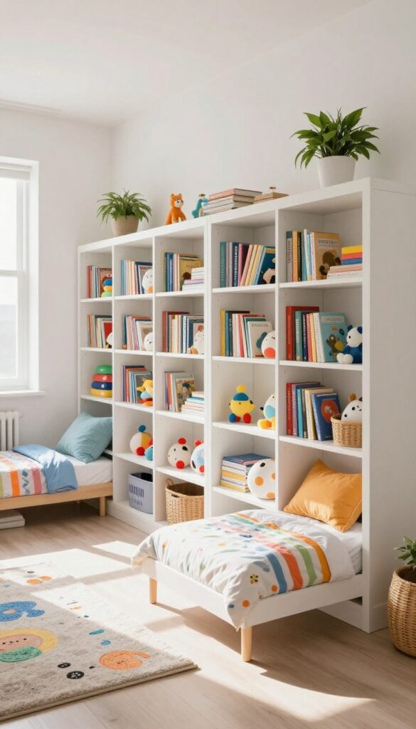 Two kids' bedroom with a low bookshelf used as a room divider, creating separate zones with shared storage.