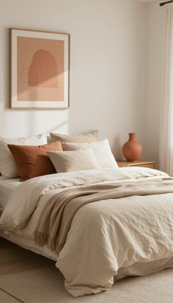 Cohesive color palette small bedroom with beige, terracotta, and taupe tones