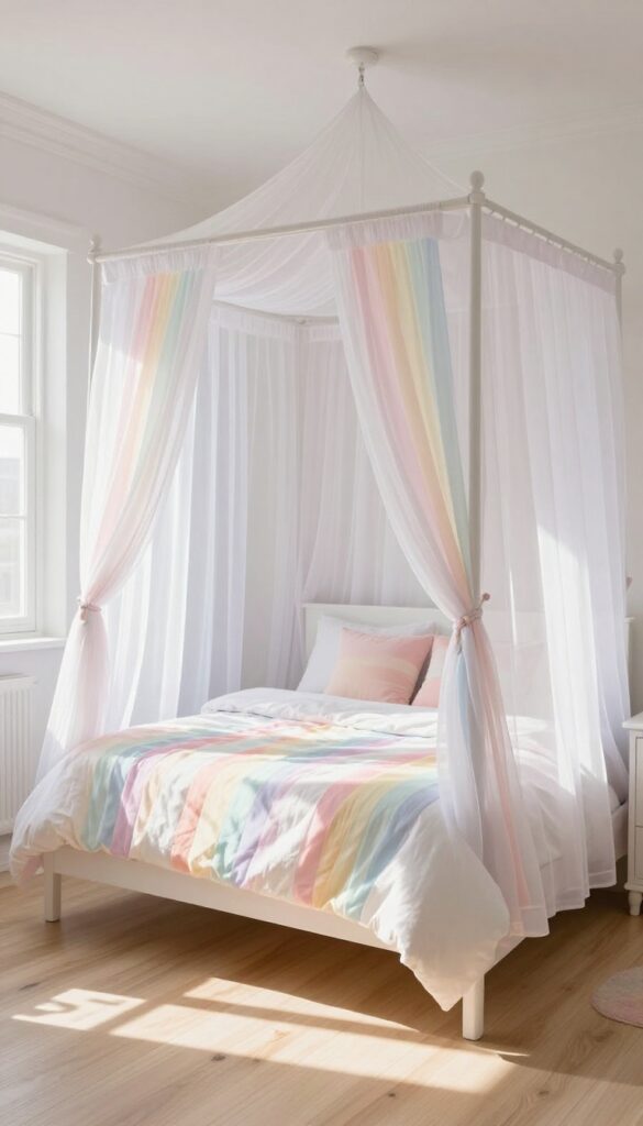 Girl's bedroom with sheer rainbow canopy over a white bed, casting colorful light in a bright, airy room