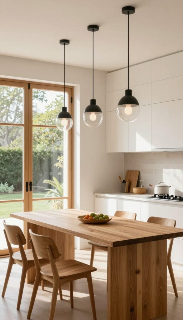 Black pendant lights over a wooden table in a bright kitchen