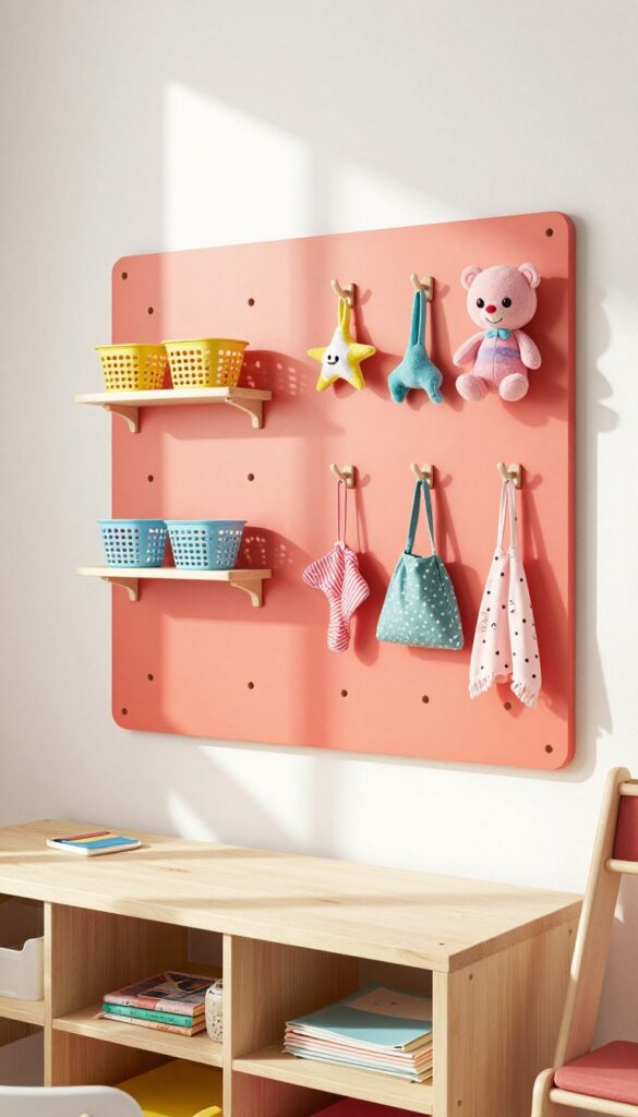 Bright pegboard in a kids bedroom with colorful baskets and toys, mounted above a desk, natural light