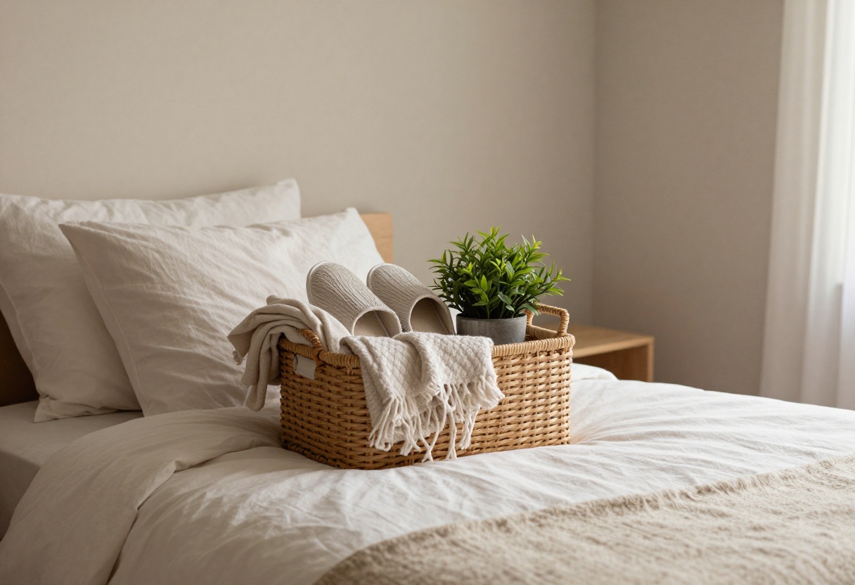 A cozy guest bedroom with a welcome basket on the bed, featuring a throw blanket, slippers, and a small plant.