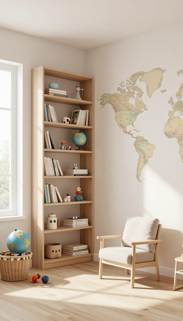Kids bedroom with world map wallpaper and built-in bookshelves holding books and toys, cozy reading chair nearby.