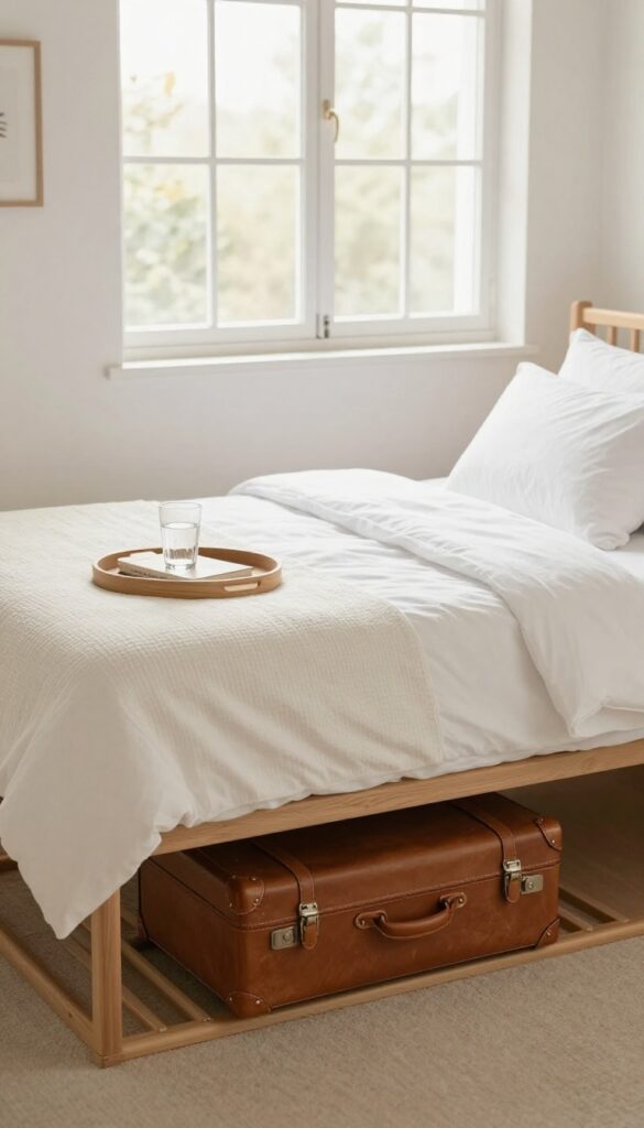 Small guest bedroom with a wooden luggage rack at the foot of the bed, holding a suitcase and a tray with water and a book.