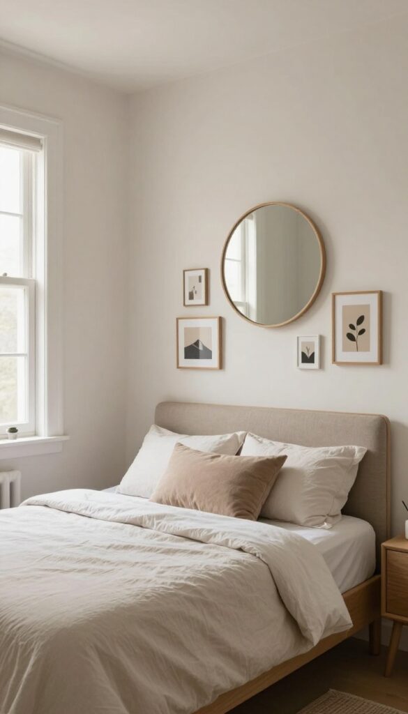 A cozy small bedroom with a gallery wall above the bed, featuring art prints and a mirror in warm neutrals, soft natural light.
