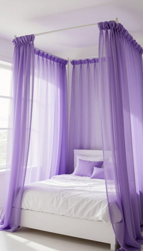White canopy bed with sheer purple drapes in a bright, whimsical bedroom