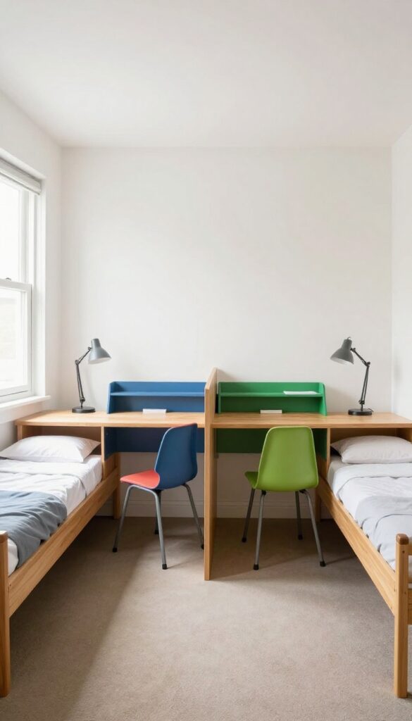 Shared desk with center divider for siblings in a teen boys bedroom
