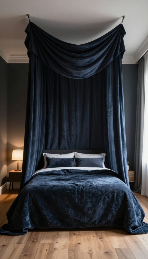 Dark cozy bedroom with draped velvet canopy above bed, natural light, romantic atmosphere