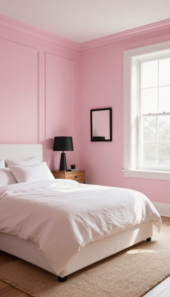 Bedroom with pink walls and black trim, white bed, jute rug, and wooden nightstands.