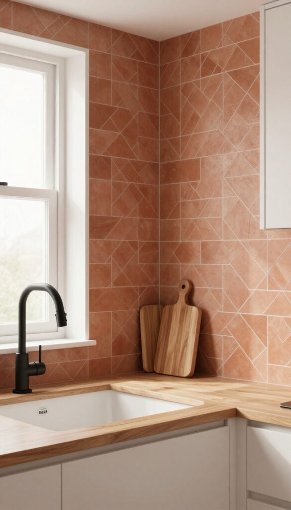 Kitchen sink with terracotta herringbone backsplash, matte black faucet, and wooden cutting boards in natural light.